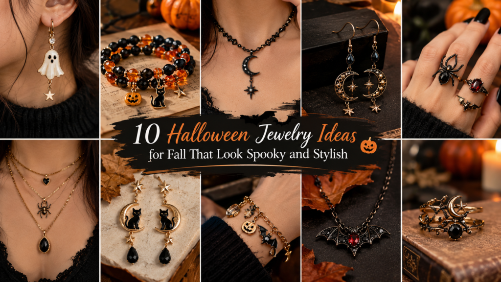Halloween jewelry ideas, Halloween accessories, fall jewelry trends, spooky jewelry, Halloween earrings, pumpkin necklace, gothic jewelry, Halloween outfit accessories, cute Halloween jewelry, autumn fashion ideas.