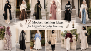 A stylish collage featuring 12 modest fashion outfit ideas for everyday dressing, including women wearing elegant hijab outfits, long coats, flowing abayas, wide-leg trousers, maxi skirts, neutral sweaters, and sophisticated accessories in beige, black, cream, brown, and muted colors.